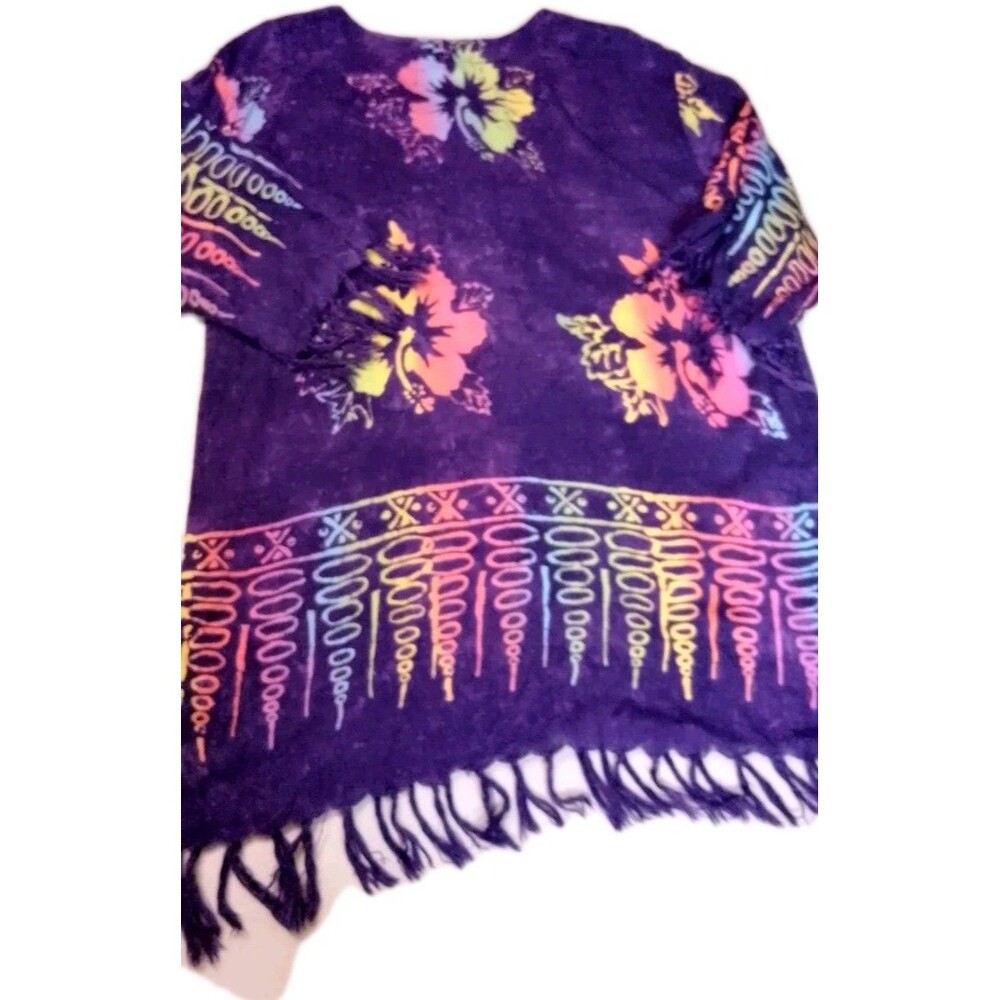 Handmade Indonesian Batik Rayon Fringe Cardigan Hibiscus Floral Cover Up Medium - Picture 2 of 11
